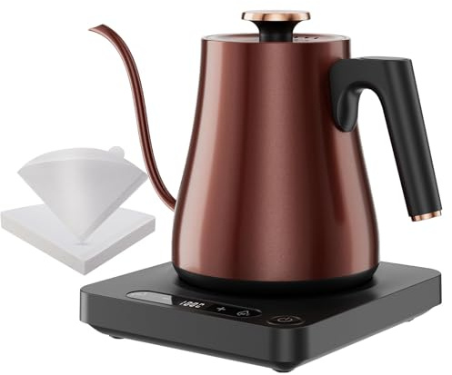 Bouilloire Électrique Intelligente Col de Cygne 1.0L, Contrôle Temp et Maintien Chaud, 1000W en 4 Min, Acier Inox pour Café/Thé, LED, Tactile, Cuivre Vintage, Sans BPA