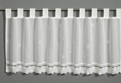 Sehlbach Cortina de bistró, Batista Bordado Floral y Encaje, Blanca, 135x48 cm, Elegante Bordado, Traslúcida, Ofrece privacidad, Certificado Oeko-Tex, Decoración Sencilla