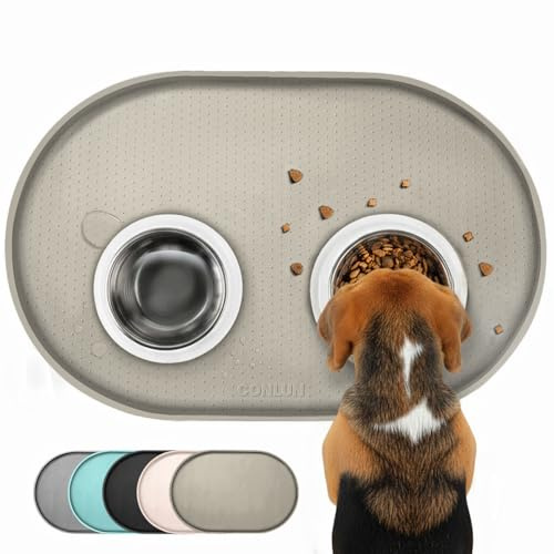 Conlun Tapis Gamelle Chat avec Rebords Surélevés de 1,2 cm pour Contenir Les Déversements, Tapis Gamelle Chien en Silicone sans BPA pour Gamelles d'eau et de Nourriture pour Animaux(Taupe,48x30 cm)