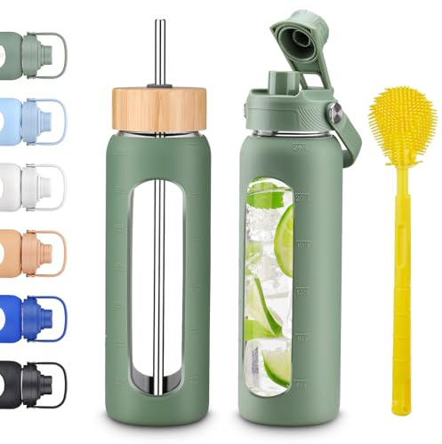 24 oz Glass Water Bottles with Straw and Lid 1 Liter Borosilicate Glass Tumbler With Silicone Sleeve and 2 Lids, Handle Spout & Bamboo Straw Lid, Leakproof BPA Free for Gym, Office, Home & Travel