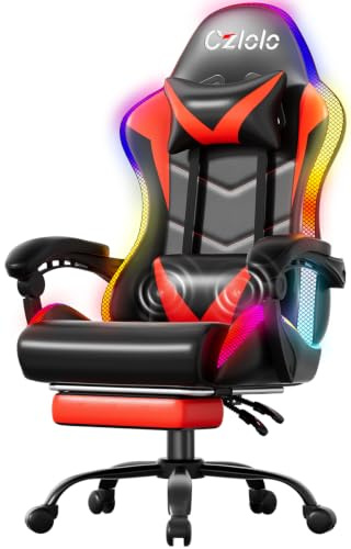 Czlolo Gaming Chair, Racing Style RGB LED Lights Gaming Chairs for Adults and Kids, Lumbar Massager Gamer Chair, High Back Reclining Computer Chair with Footrest and Headrest, Red