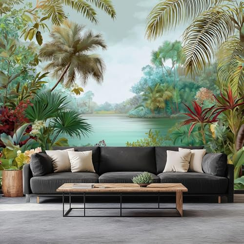Papel Tapiz Fotográfico Selva Tropical Húmeda Palmeras Orquídeas Lago Fotomurale 200 x 140 cm, Art Mural Verde Papel Pintado Fotomural - Cafe Restaurant Dormitorio Hoga Murales Decoración