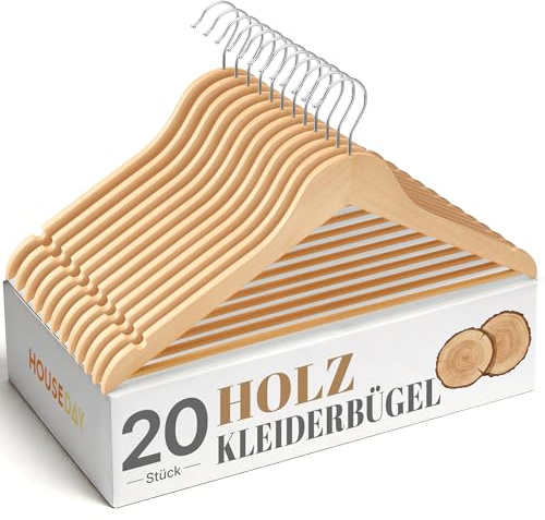 HOUSE DAY Kleiderbügel Holz 20 Stück, Stabile Holzkleiderbügel Natur | Holzbügel mit 360° drehbarem Haken & Antirutsch-Kerben, für Jacken, Hemden & Mäntel, Kleideraufbewahrung & Organisation