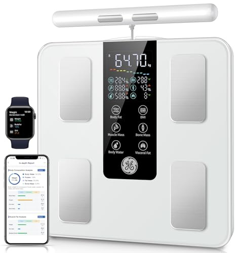 GE Bascula Bioimpedancia, 50 Medidas Diferentes 180kg Blanco | Bascula Grasa Corporal y Muscular 8 Electrodos Alta Precisión