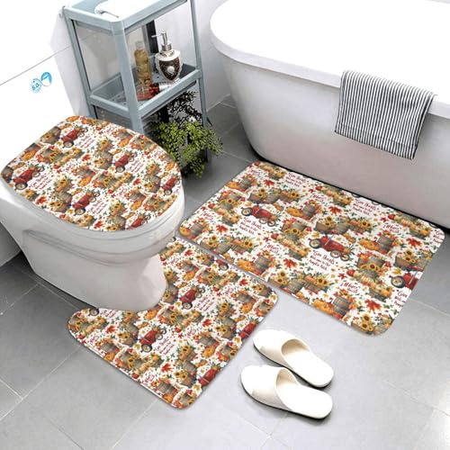 Nevjipu Set di 3 tappeti da bagno con stampa di zucche, antiscivolo, lavabili, a forma di U, morbidi tappetini da doccia per WC e vasca da bagno
