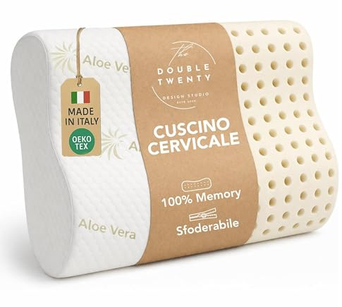 The Double Twenty - Cuscino Cervicale per Dormire a Doppia Onda Elevato Supporto Collo - Guanciale Memory Foam Federa Lavabile in Aloe Vera