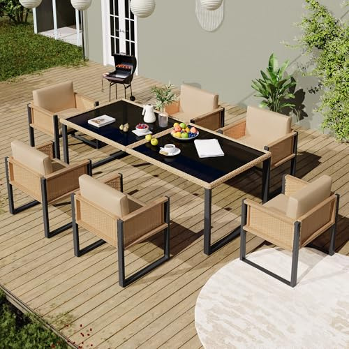 ECLIVON Gartenmöbel Sitzgruppe aus Rattan für 6 Personen für Garten, Gartenmöbel Set, Outdoor Möbel 7-teilig mit Tisch, 6 Sessel mit Sitzkissen, Balkonmöbel Essgruppe für Balkon (Schwarz + Braun)