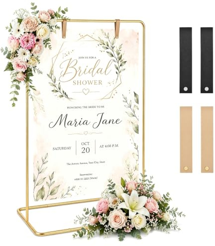 Chevalet pour plaque de bienvenue de mariage, support robuste avec sangle en cuir, pour panneaux, affiches, plans de sièges et expositions lors de mariages, fêtes et pendaisons de crémaillère (doré)