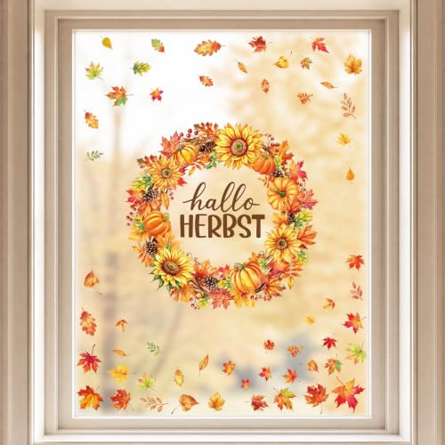 80Pcs Fensterbilder Herbst Selbstklebend Fensteraufkleber Ahornblätter | 6 Bögen Fenstersticker Türkranz Kürbis Herbstdeko Innen Wiederverwendbar Herbst Deko Erntedankfest Wohnzimmer