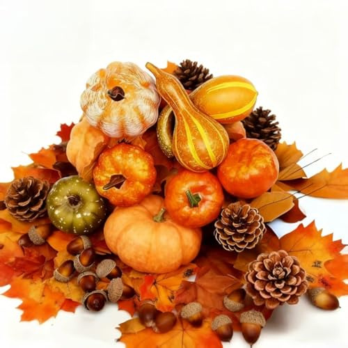 TDCuizent 128 delar höst heminredning set: konstgjorda pumpor och blad för Thanksgiving höst skörd mittpunkt för matbord eldstad spisel och festbakgrund gul plast