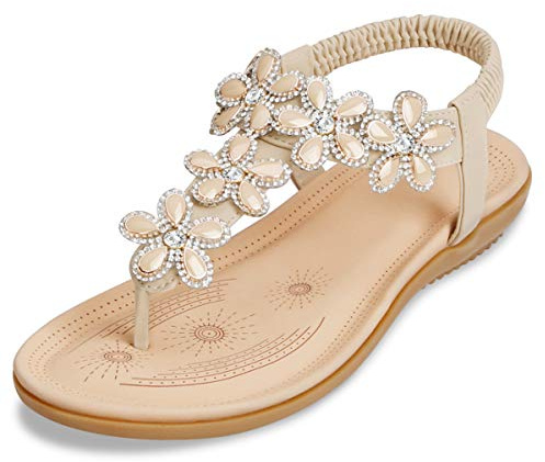 ZOEREA Womens Flat Sandals Summer Rhinestones Flower Beach Flip Flops Ladies Thongs Elastic T-Strap Bohemian Shoes Fit Casual Vacation