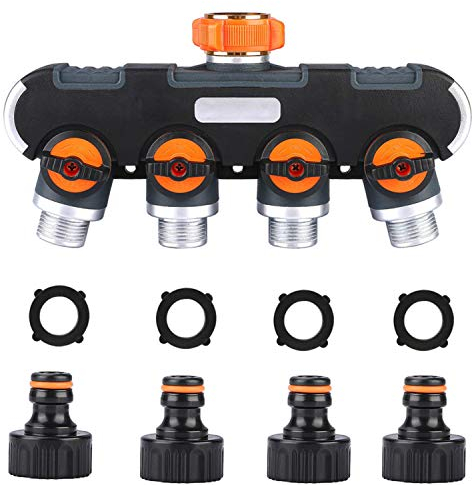 4-Wege-Verteiler Orange Schwarz Wasser Verteiler,3/4 Wasseranschluss Verteiler, 4 Geräte Können Gleichzeitig Verbunden Werden,Wasserhahn 4 Wege Verteiler Garten mit 2-in-1 Gewinde Tap Connector