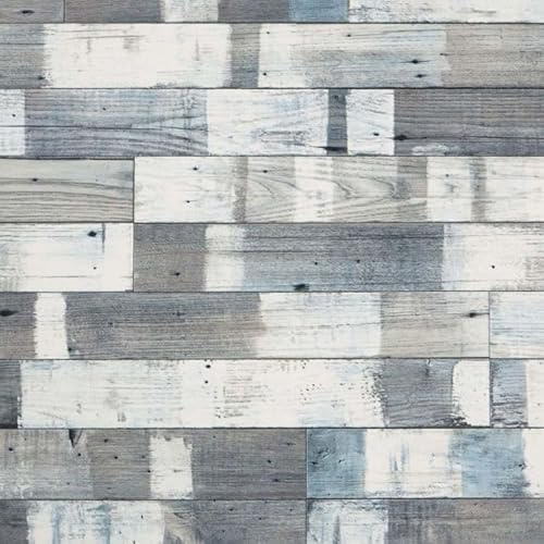 Blue & White Wood Effect Vinyl Flooring - Rustic Light Oak Foam Sheet Lino - Kitchen & Bathroom Flooring - 2m to 7m Length (Snow Painted Wood, 2.5m x 2m)