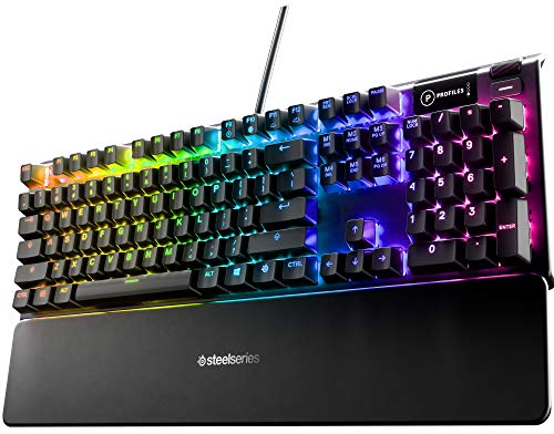 SteelSeries USB Apex 5 Hybrid Mechanical Gaming Keyboard – Per-Key RGB Illumination – Aircraft Grade Aluminum Alloy Frame – OLED Smart Display (Hybrid Blue Switch)
