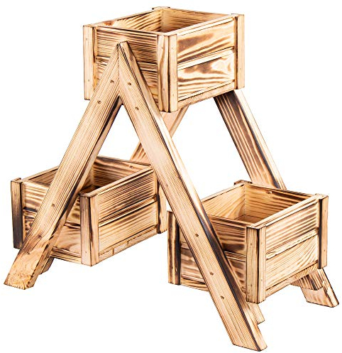 SPRINGOS Support de fleurs, en bois à l’aspect de cèdre brulé, étagère pour plantes, bac à fleurs pour la décoration de balcon, salon, jardin, terrasse