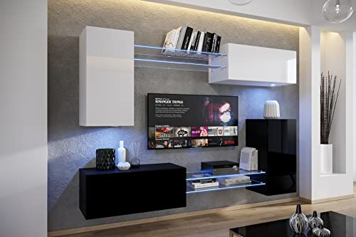 Furnitech Wohnwand Wohnzimmer | Wohnzimmer Möbel mit LED Weiß | Hängend Wohnwand Modern | Wohnzimmer Schrankwand mit Regale und TV Schrank (AN57N-21WB-HG4-1B)