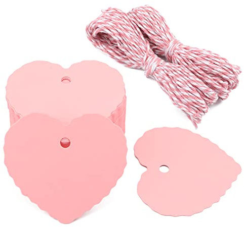 G2PLUS 100 PCS Etichette di Carta Cuore,Tag di Carta Kraft Rosa 5.5x6CM,Targhette Regalo con Cordone di 20 Metri,per San Valentino,Compleanno,Matrimonio