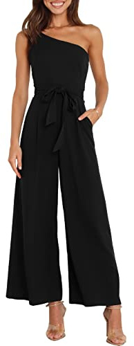 ANRABESS Women Summer Dressy Jumpsuits One Shoulder Sleeveless Casual Wide Leg Pants Romper Jumper 2025 Trendy Fall Outfits Black Medium
