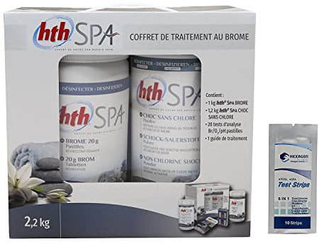 HTH Spa Petit Coffret DE Traitement AU Brome - 2,2kg | Kit Traitement et Entretien Essentiel - Désinfection Régulière et Choc sans Chlore + 10 Tests HPS OFFERTS 6 en 1