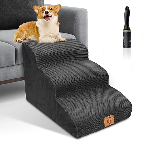 Thihome Hundetreppe für Kleine Hunde, Haustiertreppe 3 Stufen, Hochdichtem Schwamm Hundetreppen 40cm Hoch, Hunde Treppe mit Waschbarem Bezug, Rutschfestem Hunderampe für Bett & Sofa, Schwarz