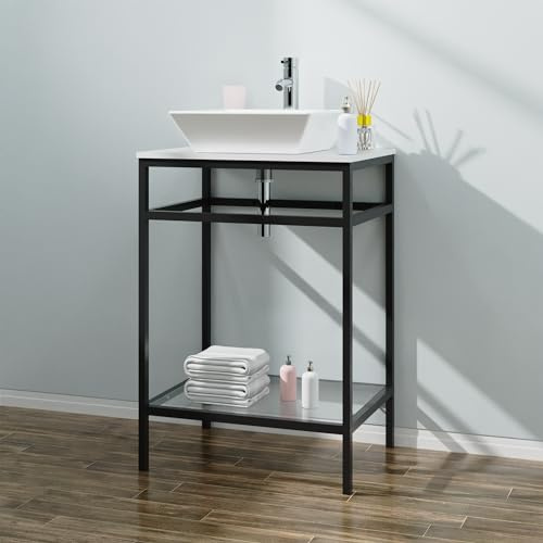 Goodyo 24 Bathroom Vanity with Single Sink Countertop, Modern Bathroom Sink, Tempered Glass Open Shelf, Metal Frame, Black, Garage, Basement