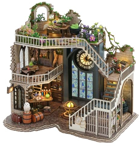 TOPBSFARNY DIY Mini Maison Magique Kit Maison de Poupée Montée à la Main Chalet Magique, Mini Poupée en Bois 3D Maison Artisanat Modèle avec Couvercle Anti-Poussière et LED, Idée Créative de Salle
