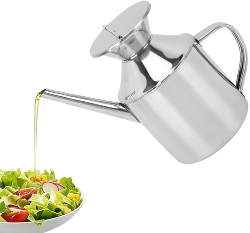 Tissting Speiseölkanne Ölkanne 450ml Silber Edelstahl Olivenöl Ölspender mit Auslaufsichere Deckel, Zutatenspender Ölflasche Gewürzkessel Kännchen für Öl, Essig, Sauce(Mit Griff)