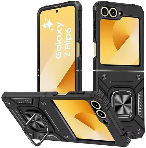 KANSi Funda para Samsung Galaxy Z Flip 6, Capa Anillo iman Soporte Hard PC y Silicona TPU Antigolpes Armor Carcasa - Negro