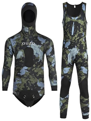 3 mm neopren-spearfishing dräkt, 2 delar, kamouflage, med huva för kallt vatten, fridykning, simning, surfing, XL