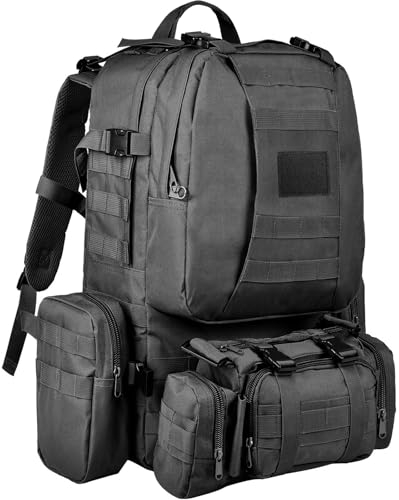 Wiserset Taktischer Rucksack, 60L Militär Armee Rucksack, großer Survival Molle Tagesrucksack für Herren und Frauen,abnehmbare Outdoor Tasche, Reiserucksäcke für EDC, Camping, Wandern, Jagen, Schwarz