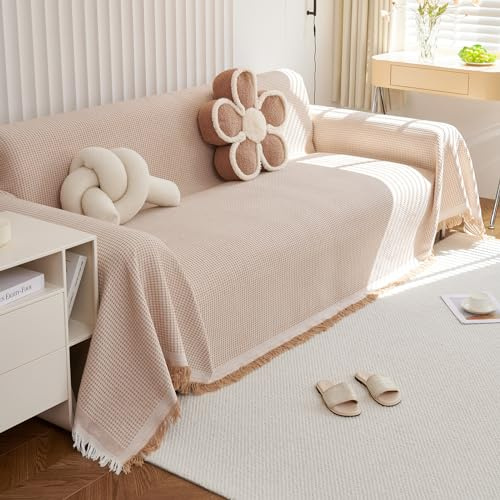 VanderHOME Copridivano Super Soffice, Plaid divano Decorativa a Motivi Moderni in cotone Waffle con Frangia per Divano/Letto/Esterno, Copriletto Multiuso Divano 180 * 340cm-Cachi