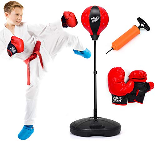 Boxsack mit Ständer und Handschuhen, 81–122 cm höhenverstellbares Reflexbag-Set, freistehender aufblasbarer Boxsack für Kinder für Geschwindigkeitstraining, Übungen
