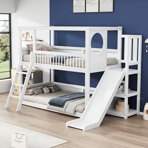 KOMHTOM 90x200cm Lit Superposé Multifonctionnel, Lit d'enfant avec étagères de Rangement, Toboggan et Escalier, Sommier à Lattes en Bois, Blanc(sans Matelas)