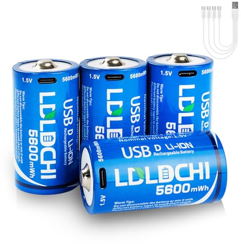 LDLDCHI Rechargeable Lithium D Batteries 4 Pack - 1.5V 5600mWh D Cell Rechargeable Batteries with 4-in-1 Charge Cable, 1000 Cycles for Flashlight, Water Heater, Gas Stove
