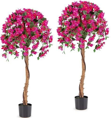 TANGZON Artificial Azalea Tree, 130CM/4.3FT Faux Blossom Tree in Pot with 576 Flowers, 288 Leaves & Natural Wood Trunk, Indoor Outdoor Decorative Fake Plant for Living Room Office Garden (2, Red)