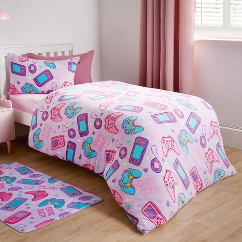 OHS Gaming Fleece Duvet Set Single, Quilt Covers Ultra Soft Teddy Fleece Gaming Duvet Bedding for Girls Single Covers with Pillowcase Gamer Gifts for Kids - Purple