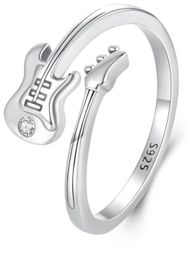 Kerraom Verlobungsring 925 Sterling Silber Ring Damen Verstellbarer Offener Ring Feder Kreuz Bass Guitar Design Punk Fingerring Geschenk für Frauen Mädchen