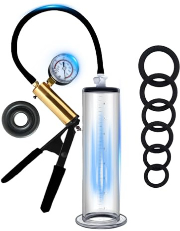 Pompes à Pénis pour Agrandir son Pénis Sex Toýs Homme Pompe a Penis Manuelle avec Poignée en Métal et Manomètre Pompe Penis avec 6 Anneaux de Pénis Extenseur de Pénis Masculin (4.4cm)