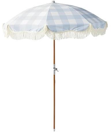 Parasol de Plage Pliable Style Bohème de 1.8m avec Sac de Transport, Parasol de Terrasse à Poteau en Bois avec Franges, Parasol Inclinable UPF50+ pour Balcon