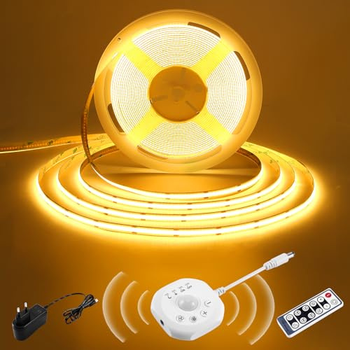 COB LED Streifen 5m mit Bewegungsmelder, DC24V Lichtband Selbstklebend mit Automatischem On/Off, 4 Timer-Modi, Tag-/Nacht Modi, LED Streifen warmweiss für Treppe, Bett, Kleiderschrank, Küche, 2700K