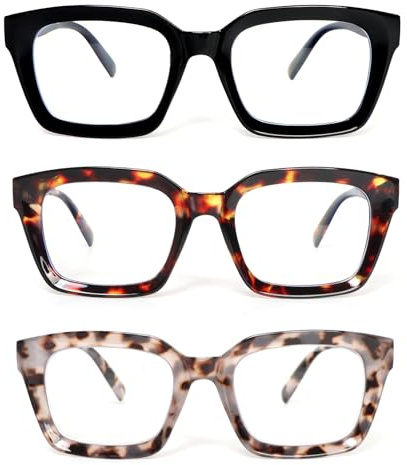 KoKoBin 3 Pack Oversized Reading Glasses for Women Square Blue Light Blocking Fashion Reader (3 Pack, 2.5, x)