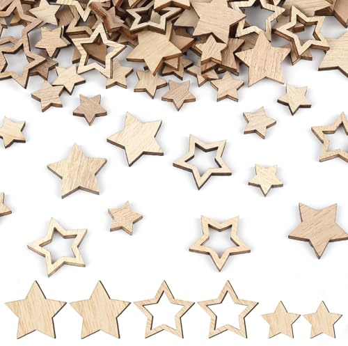 100 Stück Holzsterne Streudeko, 2 Größen Holz Stern Konfetti Klein, Aushöhlen Holzsterne zum Basteln für Tischdeko Weihnachten, Hochzeit, Geburtstag, Jubiläum, DIY Handwerk (5 Eckig)
