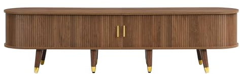 I0I&I0I TV-Schrank mit Rattan-Schiebetür – Fernsehtisch Landhausstil in Walnussoptik, MDF, viel Stauraum, Schubladen & Offene Fächer, Lowboard für Wohnzimmer, Rustikales Design (175 L x 38 B x 45 H)