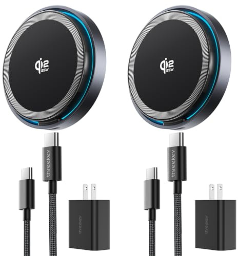 THREEKEY for MagSafe Charger, 2 Pack Qi2 25W Fast Charging Pad with Cooling Fan, Magnetic Wireless Charger with 6.6ft Cable for iPhone 17/16/15 Series (2 Adapters Included)