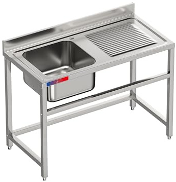 Évier industriel en acier inoxydable, 1 bac avec égouttoir, 120 x 60 x 85 cm, barre de renfort, salopette sanitaire, pieds réglables, idéal pour hôtellerie et professionnels (sans robinet, bac gauche)