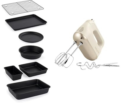 Salter Bakes Hand Mixer & Bakeware Set – Stackable Non-Stick Ovenware Set, Electric Whisk with 5 Speeds, Removable Stainless-Steel Attachments, Cake Tins, Roasting Tin and Cooling Rack | 5 Speed Settings, Removable Stainless-Steel Attachments, Oven Safe To 220°C, PFOA-Free Coating, Cake Tins, Roaster, Rack