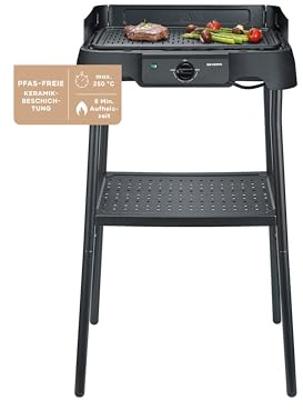 Severin Tischgrill mit Standfuß, Standgrill & Tischgrill (Innen- & Außennutzung), Balkon & Küche, Temperaturen 40-220°C, schnelles Aufheizen, 39x23cm, leichte Reinigung, 2000W, schwarz, PG 8596