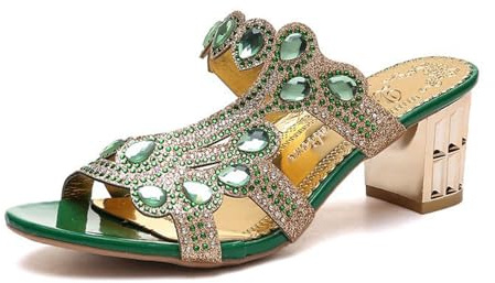 Sandales romaines d'été 2026 pour femme avec lanières en strass - Talon moyen - Chaussures à enfiler - Chaussures de plage confortables pour les loisirs, les fêtes en plein air, les mariages, vert, 38