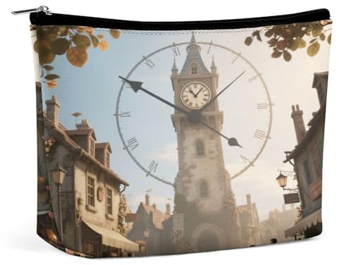 Travel Makeup Bags PU Leather Magic Clock Tower Town Cosmetic Bag with Zipper Large Toiletry Bag for Women Waterproof Portable Makeup Case Organizer Cute Zipper Pouch Make Up Bags