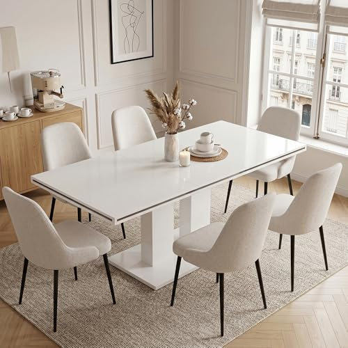 JIEXI Esstisch mit 6 Stühlen Set, 7-teilig Essgruppe mit Hochlehner Stuhl und Tisch Ausziehbar, 180 x 80 x 76 cm Rechteckig Esstisch mit 6 Esszimmerstühle für Küche Esszimmer Wohnzimmer